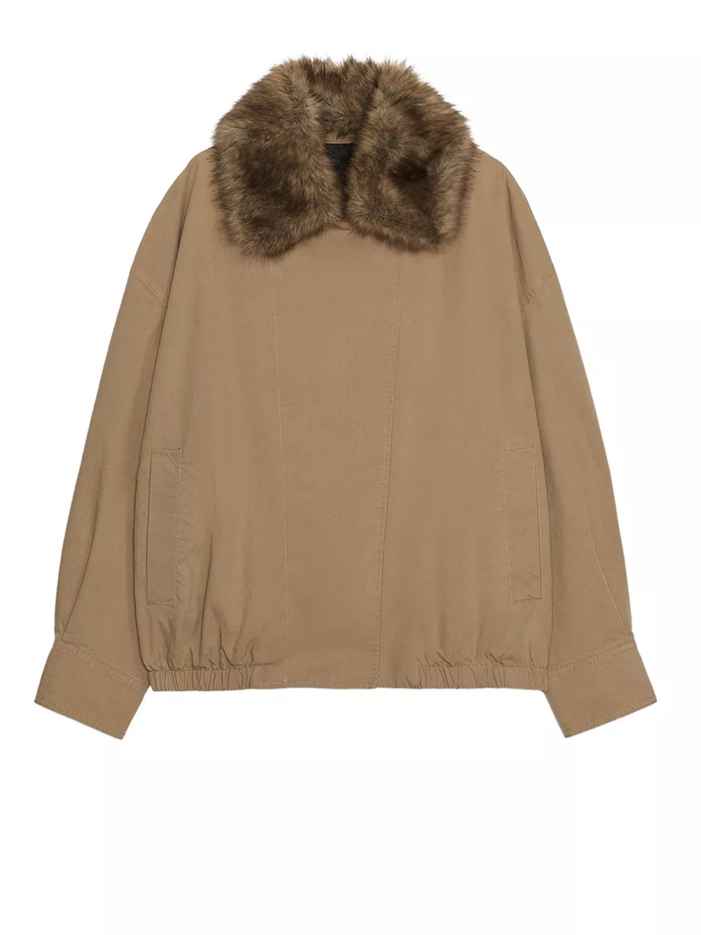 Zara Camel Bomber Jacket with Faux Fur Trim